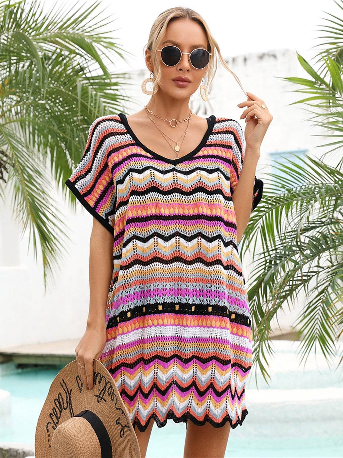 Angel Wings Rainbow Stripe Scalloped V-Neck Cover-Up Dress - Selvanelle