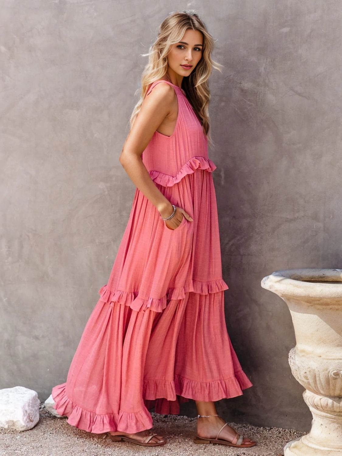 Ruffled Sleeveless Tiered Maxi Dress with Pockets - Selvanelle
