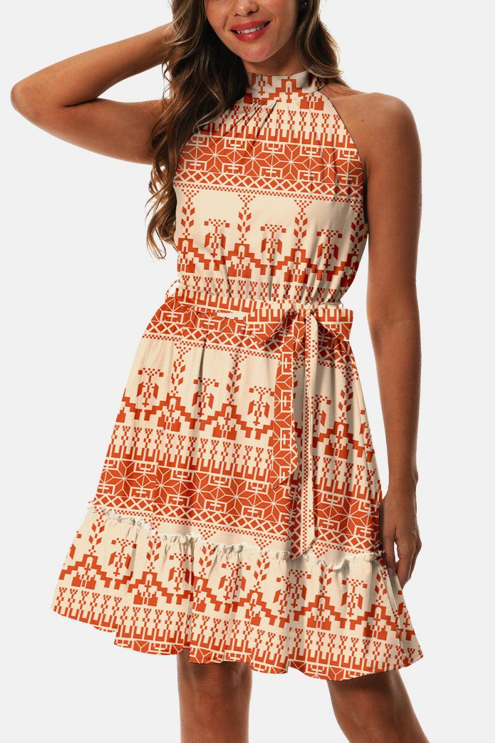 Printed Tie Waist Frill Trim Dress for Chic Summer Style - Selvanelle