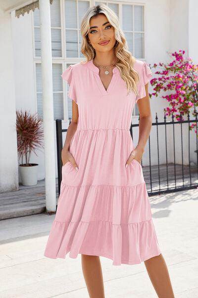 Ruched Notched Cap Sleeve Dress with Pockets and Stretch - Selvanelle