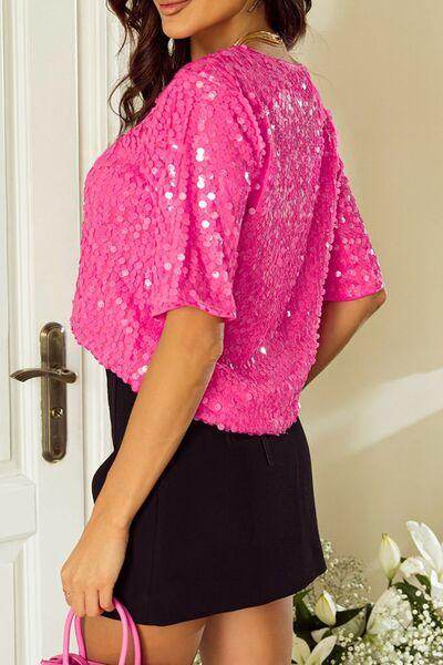 Sequin Round Neck Half Sleeve Blouse for Stylish Women - Selvanelle