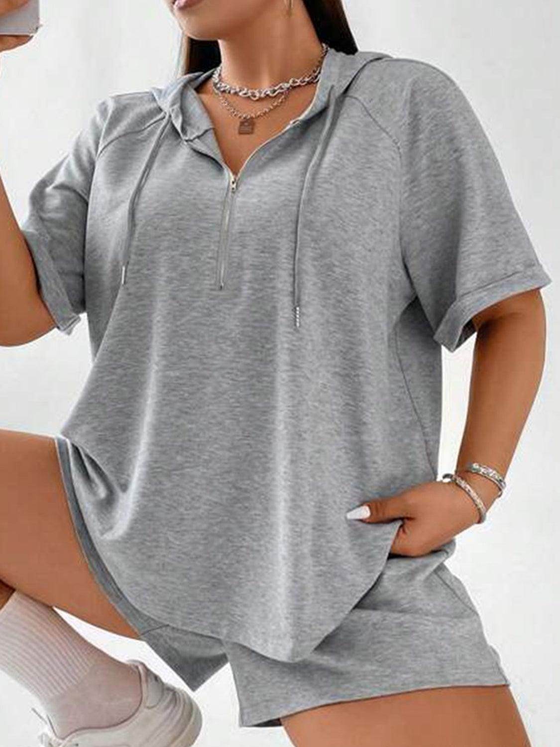 Full Size Drawstring Half Zip Hooded Top and Shorts Set Plus Size - Selvanelle