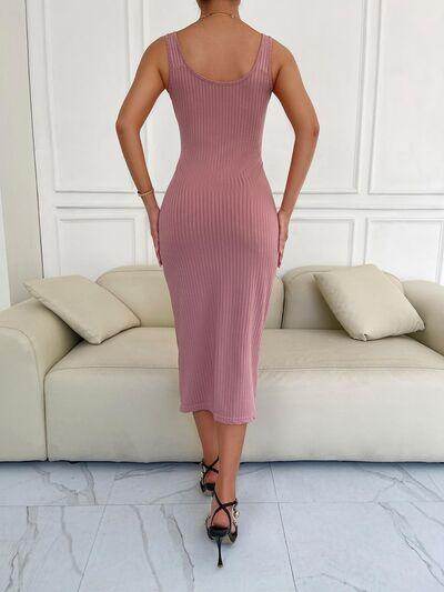 Ribbed Slit Decorative Button Cami Dress for Casual Elegance - Selvanelle