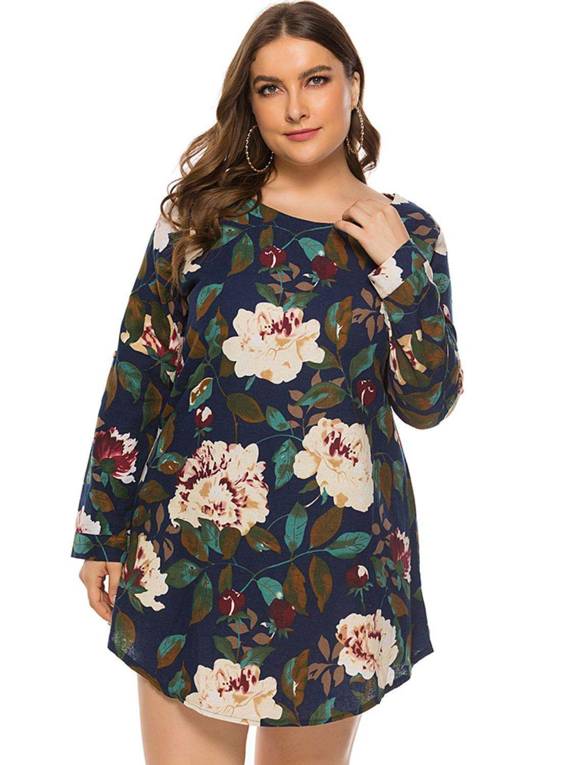 Full Size Floral Long Sleeve Mini Dress for Casual Wear - Selvanelle