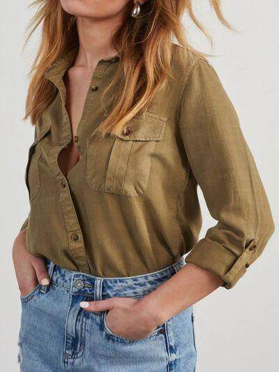 Collared Neck Roll-Tab Sleeve Denim Top for Women - Selvanelle
