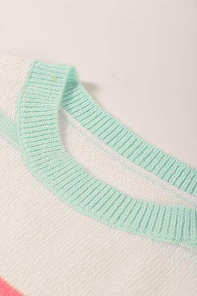 Contrast Striped Round Neck Drop Shoulder Sweater for Women - Selvanelle