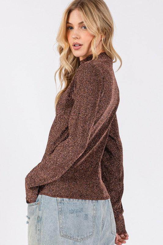 SAGE + FIG Glitter Mock Neck Lettuce Hem Long Sleeve Top - Selvanelle
