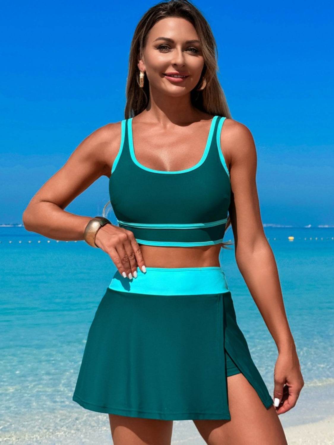 Scoop Neck Top and Skort Swim Set - Selvanelle