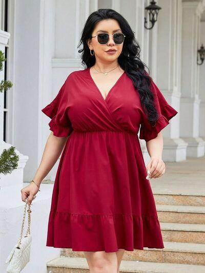 Plus Size Ruched Surplice Flounce Sleeve Mini Dress Online - Selvanelle