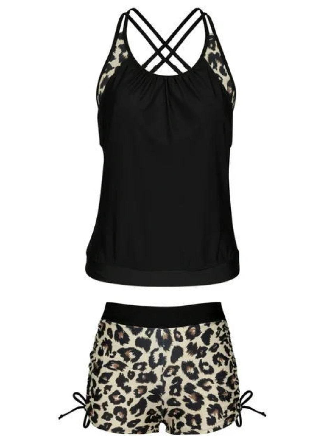 Crisscross Leopard Scoop Neck Two-Piece Swim Set - Selvanelle