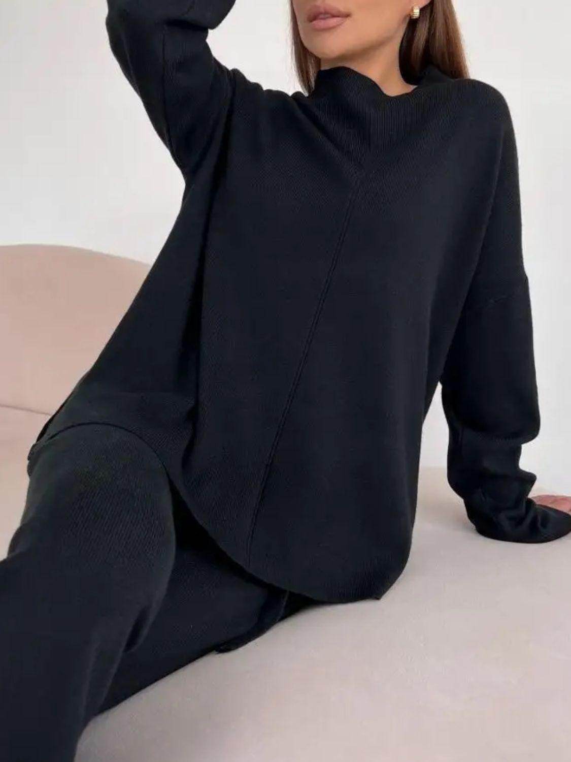 Slit Mock Neck Top and Pants Sweater Set for Women - Selvanelle