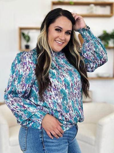 Double Take Full Size Printed Smocked Long Sleeve Blouse - Selvanelle