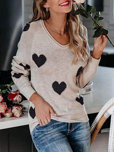 Heart Scoop Neck Long Sleeve Sweater for Women Cozy Style - Selvanelle