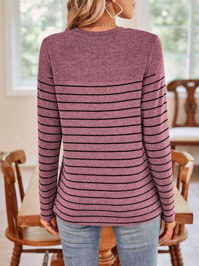 Lovelet Quarter Button Striped Round Neck Long Sleeve T-Shirt - Selvanelle