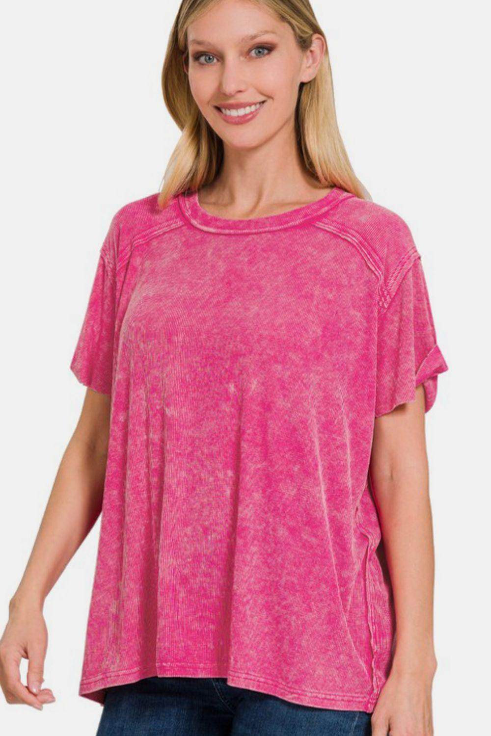 Zenana Washed Ribbed Short Sleeve Top for Effortless Style - Selvanelle