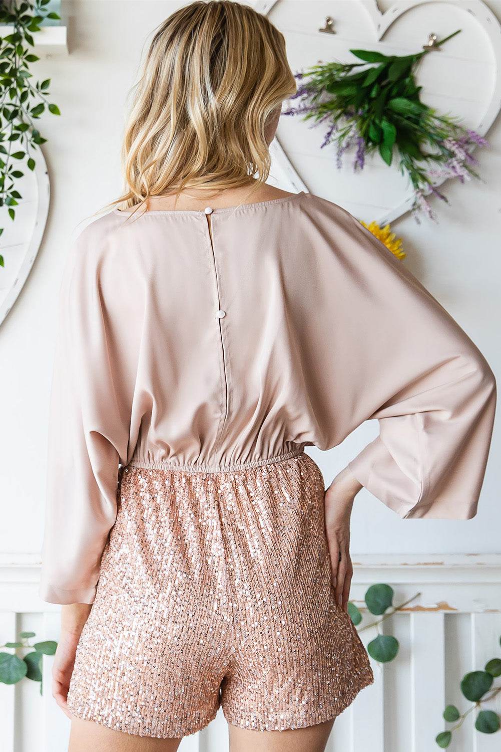Sequin Drawstring Waist Dolman Sleeve Romper - Selvanelle