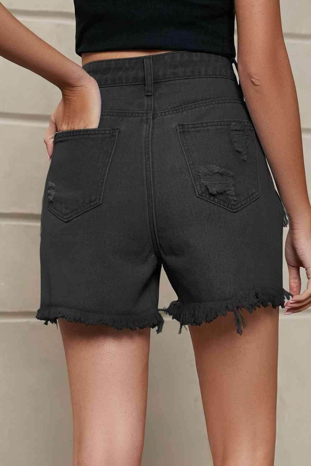 Fringe Trim Distressed Denim Shorts with Pockets for Women - Selvanelle