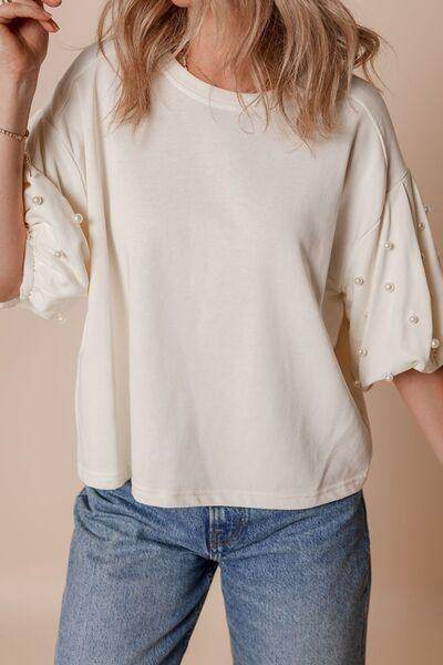 Pearl Detail Round Neck Half Sleeve Blouse for Women - Selvanelle