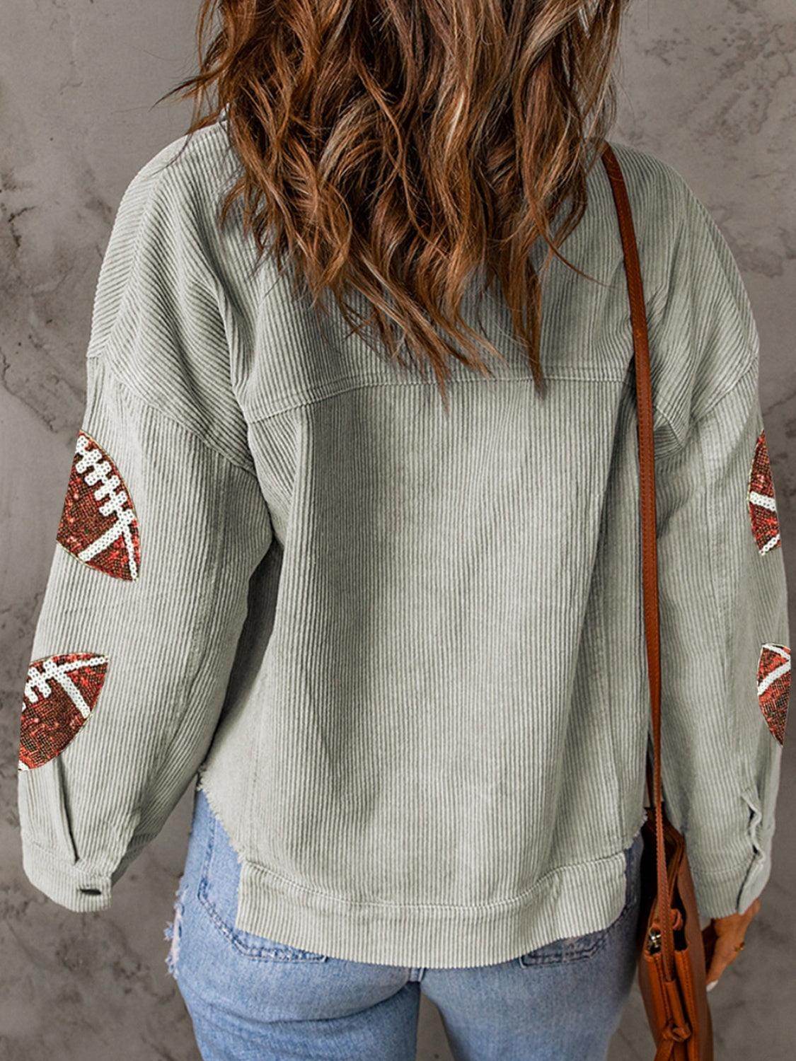 Football Sequin Button Up Dropped Shoulder Jacket for Women - Selvanelle
