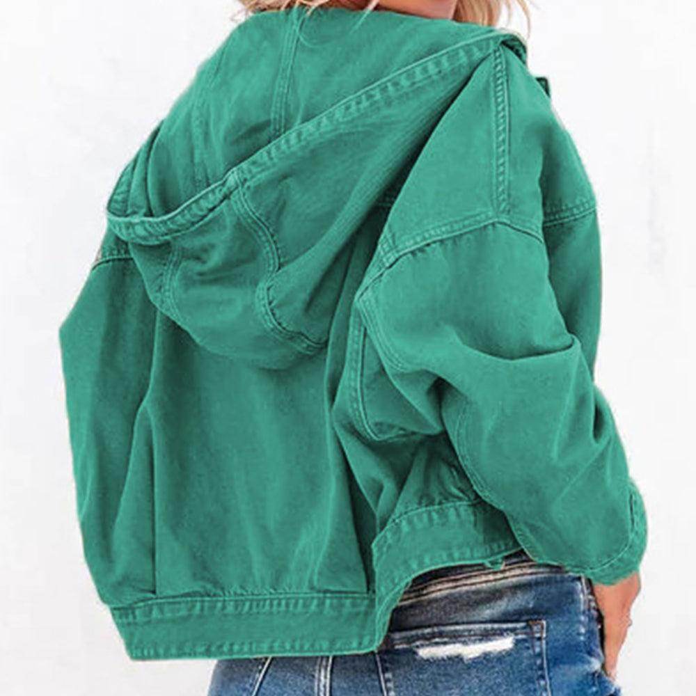 Hooded Dropped Shoulder Denim Jacket for Women Casual Wear - Selvanelle
