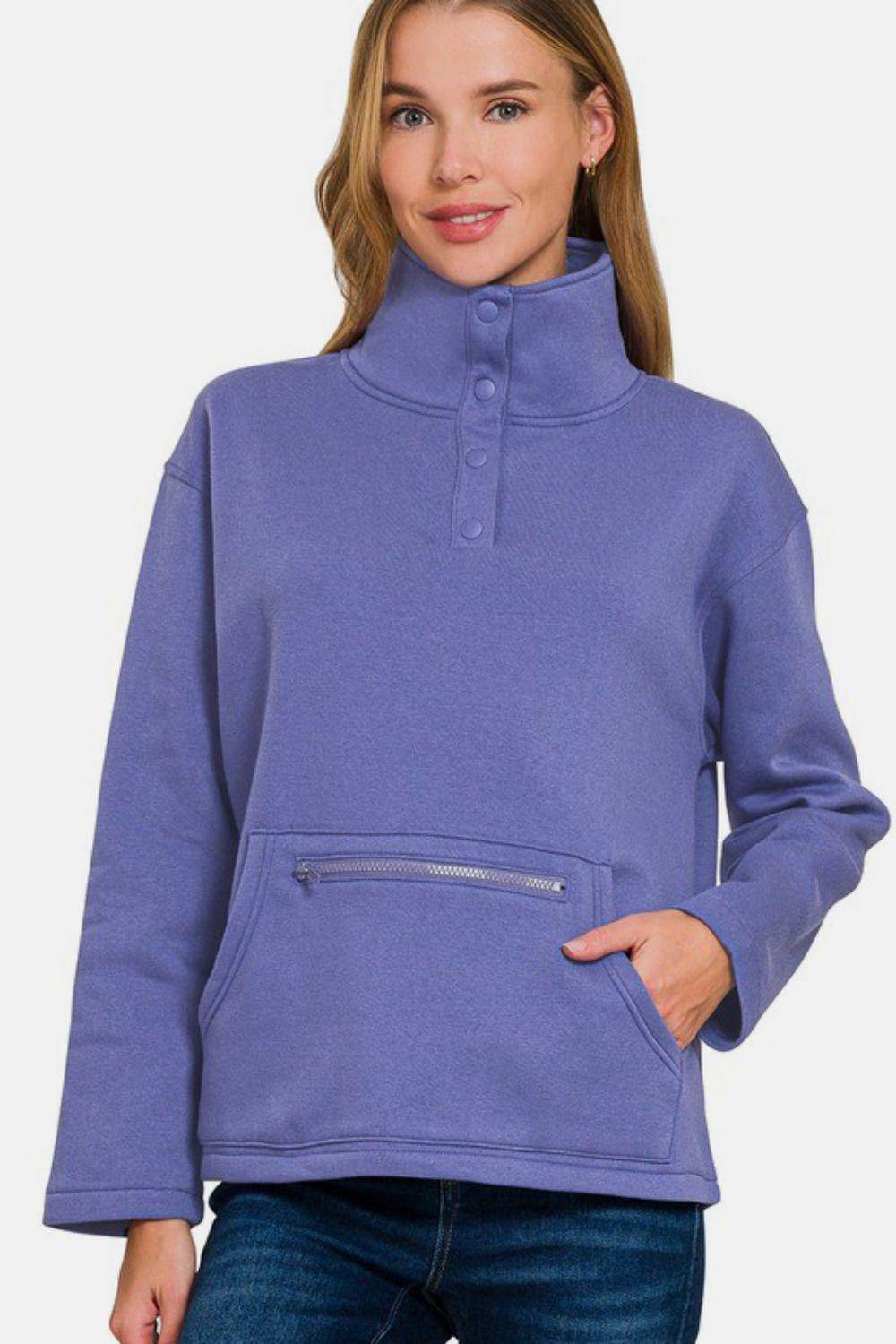 Zenana Turtleneck Half Snap Fleece Sweatshirt for Women - Selvanelle