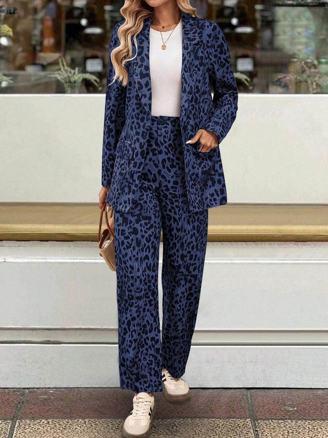 Full Size Leopard Lapel Collar Blazer and Pants Set - Selvanelle