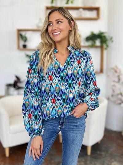 Double Take Full Size Printed Balloon Sleeve Blouse for Women - Selvanelle