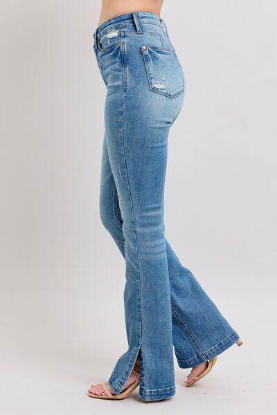 Judy Blue HW Tummy Control Vintage Wash Side Slit Slim Boot Jeans - Selvanelle