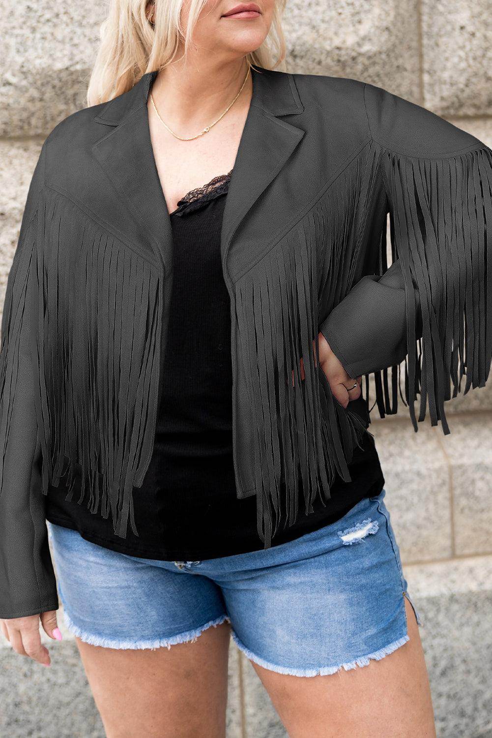 Plus Size Fringe Open Front Jacket for Stylish Layering - Selvanelle
