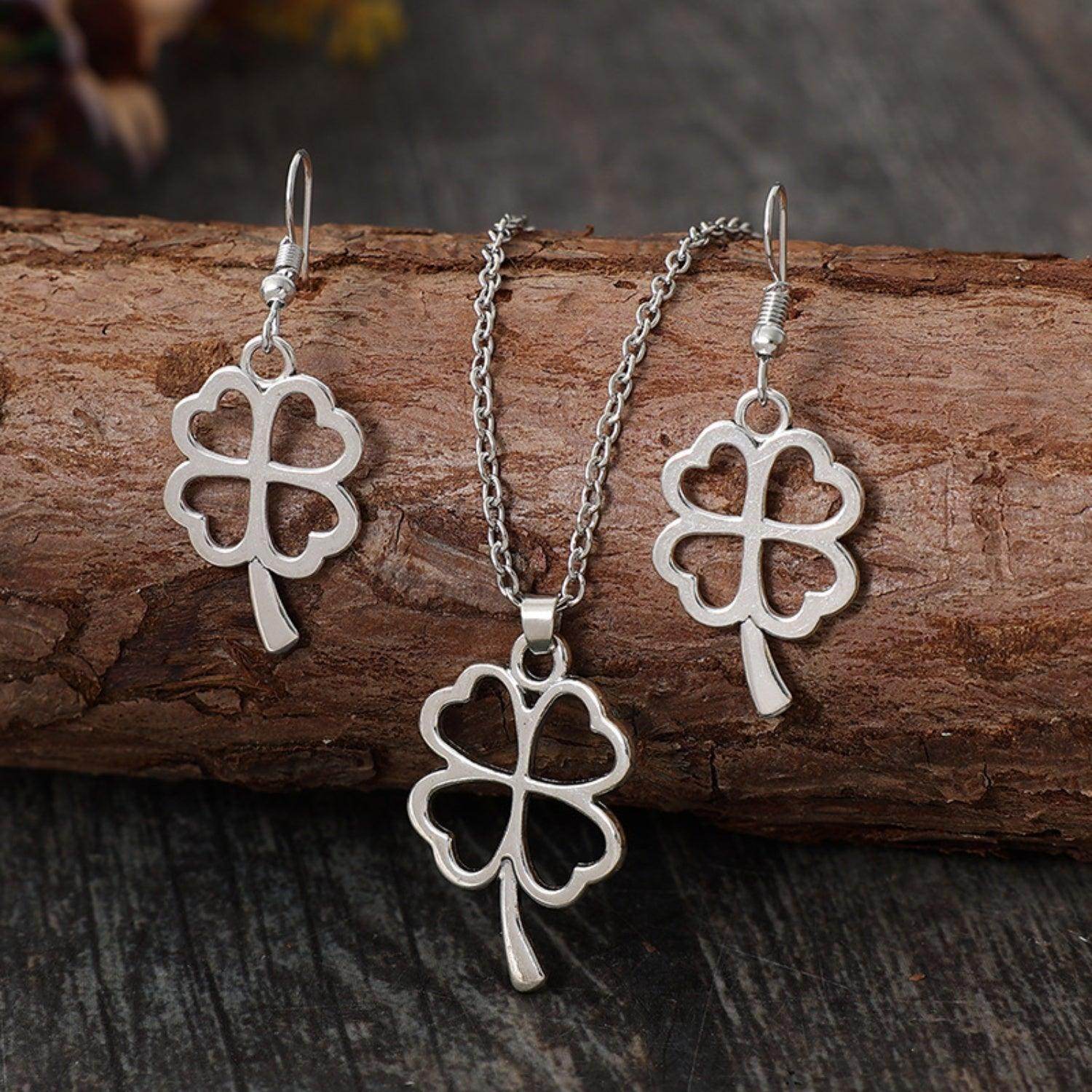 Lucky Clover Alloy Earrings and Necklace Jewelry Set Gift - Selvanelle