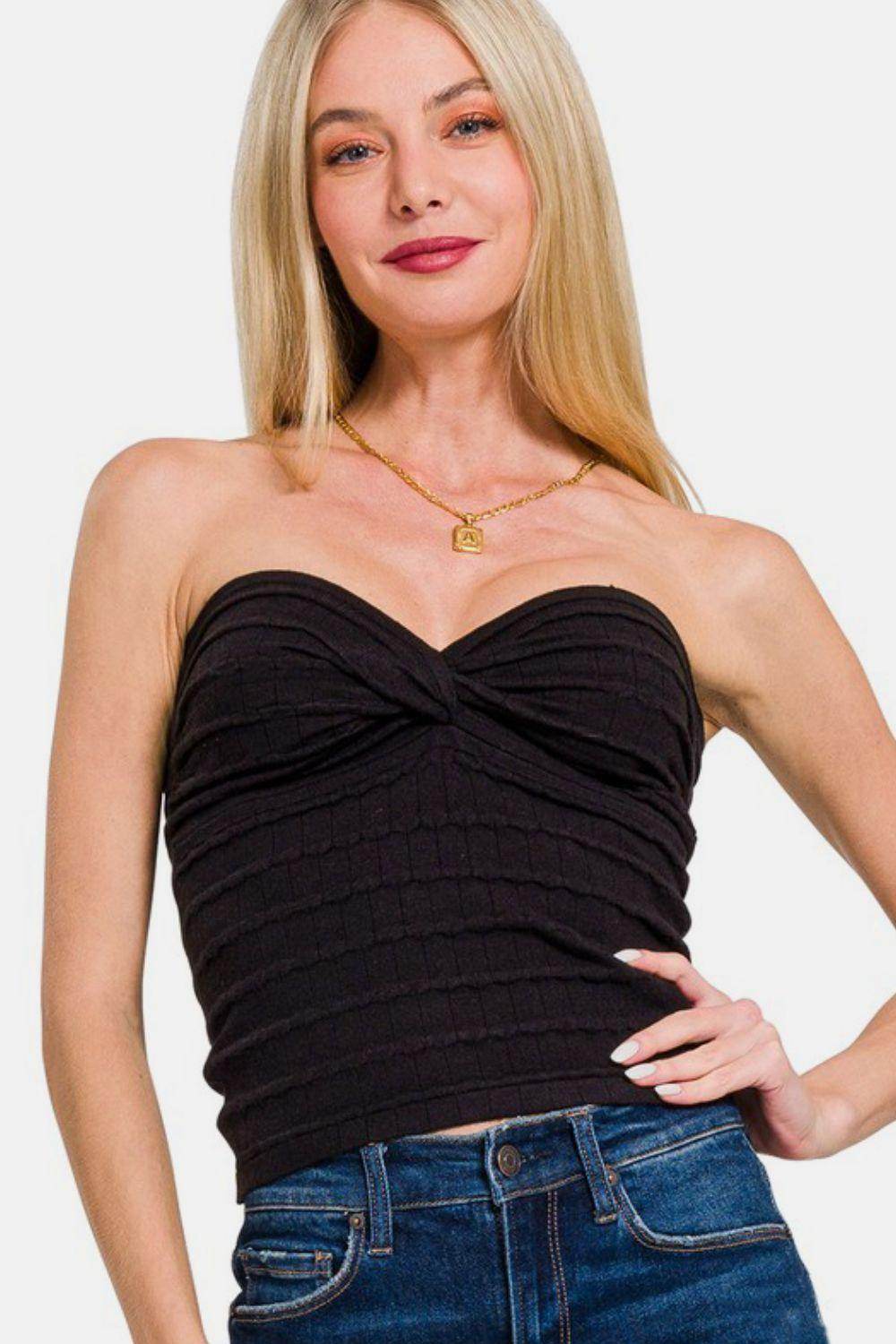 Zenana Ruched Twisted Sweetheart Neck Top for Women - Selvanelle