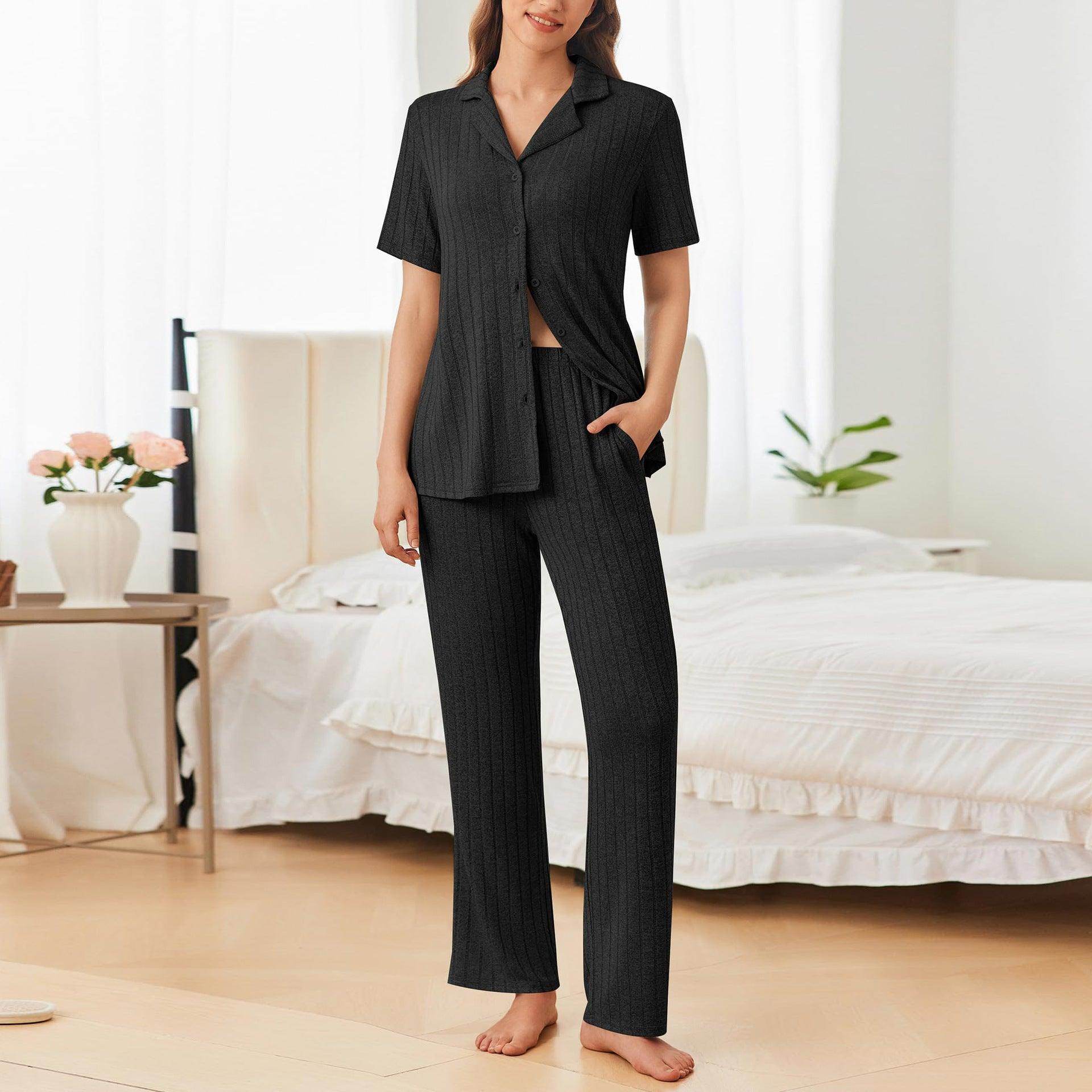 Button Down Long Sleeve Top and Pants Lounge Set for Women - Selvanelle