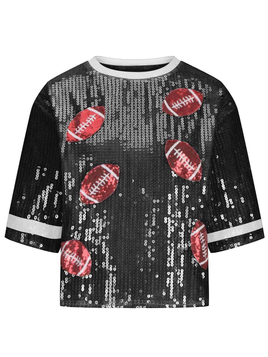 Sequin Football Round Neck Half Sleeve Top for Women - Selvanelle