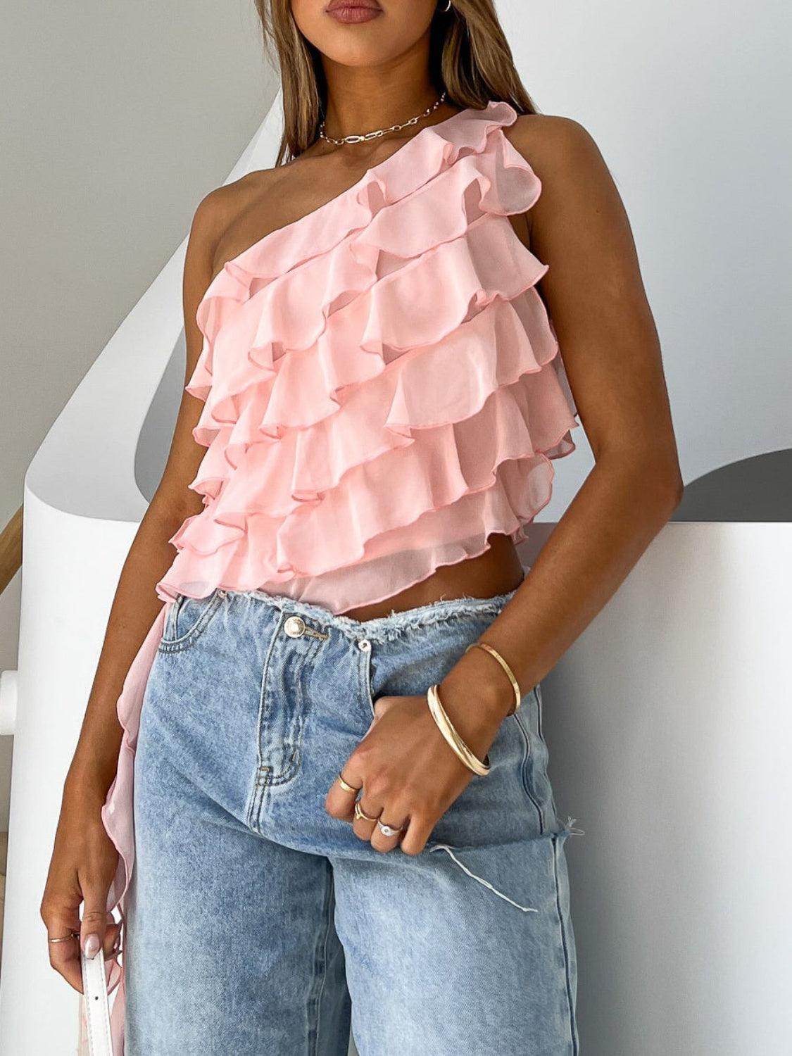 Layered Ruffled One Shoulder Tank for Stylish Women - Selvanelle
