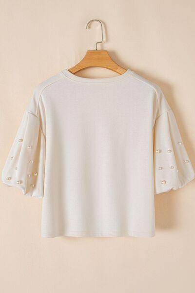 Pearl Detail Round Neck Half Sleeve Blouse for Women - Selvanelle