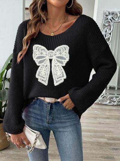 Bow Boat Neck Long Sleeve Sweater for Women Fashion - Selvanelle