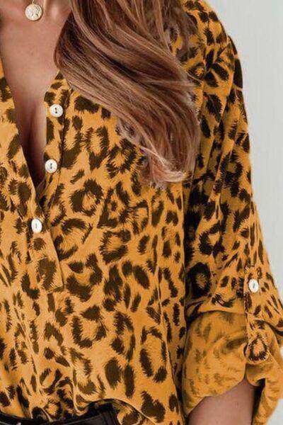 Leopard Button Detail Notched Long Sleeve Blouse for Women - Selvanelle