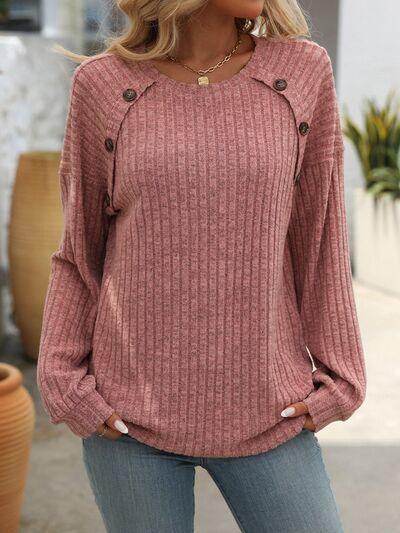 Mandy Decor Button Long Sleeve Ribbed T-Shirt for Women - Selvanelle