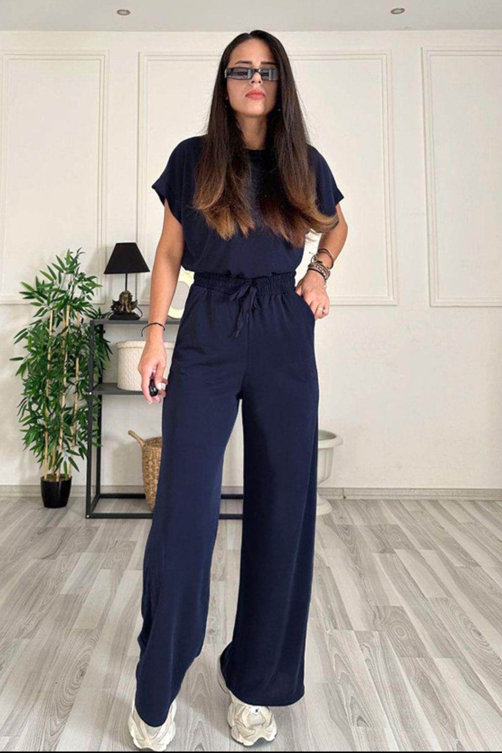 Round Neck Short Sleeve Top and Drawstring Pants Set for Women - Selvanelle