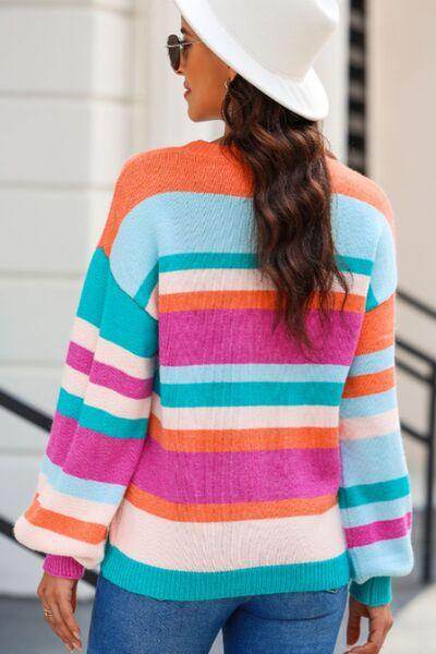 Striped Round Neck Drop Shoulder Sweater for Women - Selvanelle