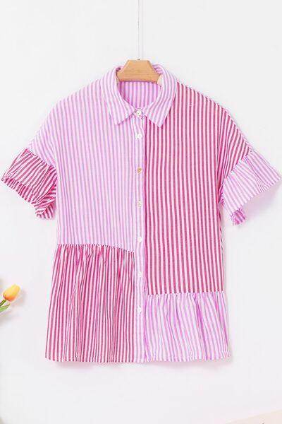 Button Down Striped Ruffled Hem Shirt for Stylish Outfits - Selvanelle