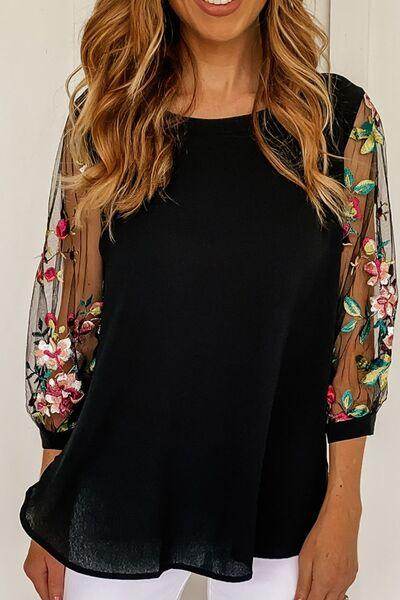 Floral Embroidered Sleeve Round Neck Blouse for Women - Selvanelle