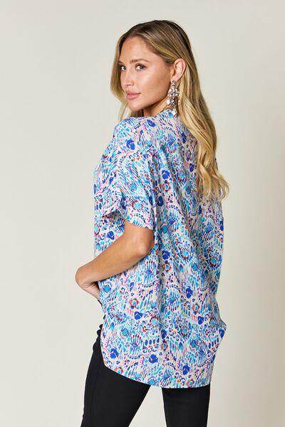 Double Take Full Size Printed V-Neck Short Sleeve Blouse - Selvanelle