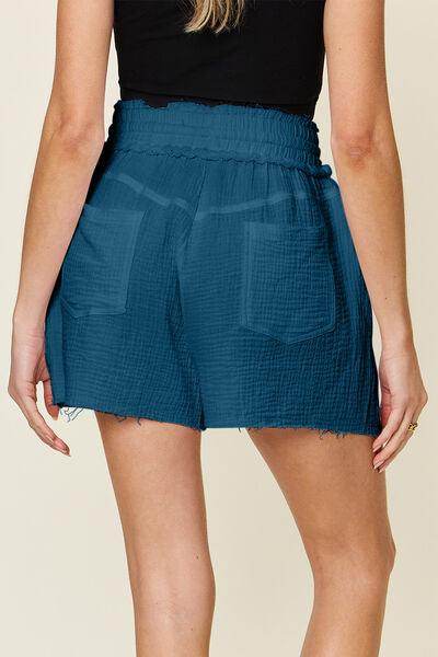 Double Take Full Size Texture Raw Trim Drawstring Shorts - Selvanelle