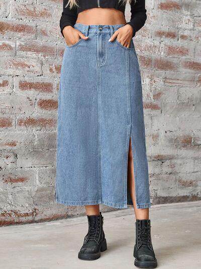Slit High Waist Denim Skirt with Pockets for Women - Selvanelle