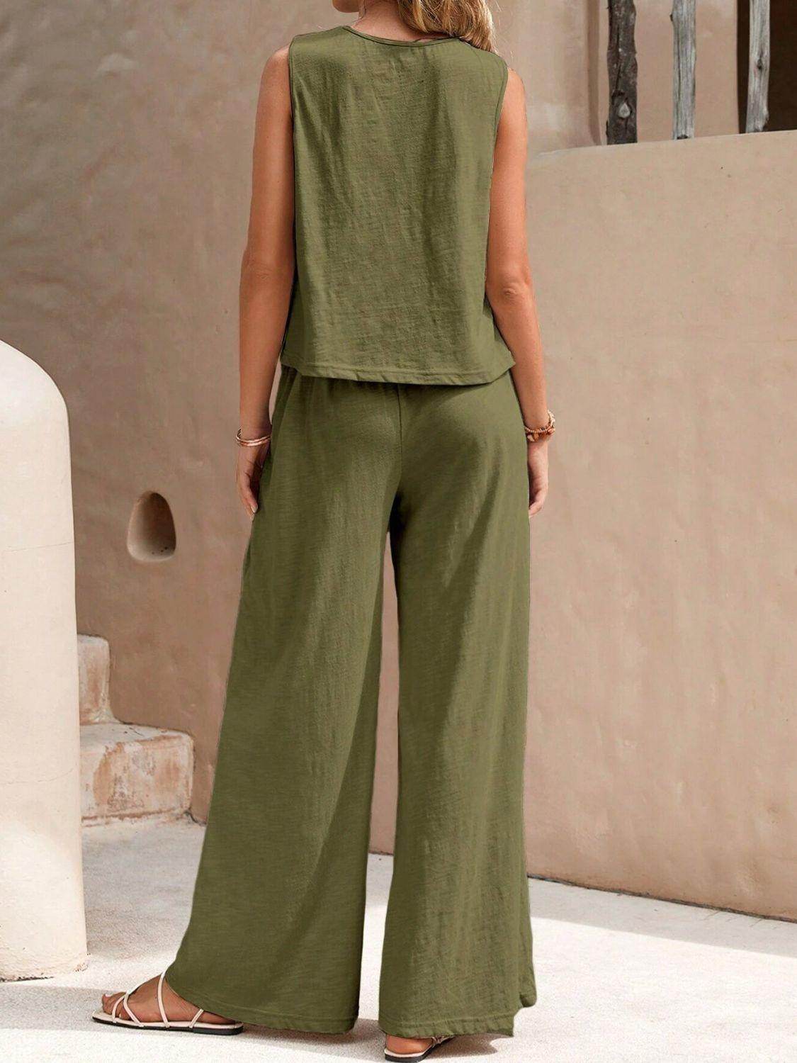 Stylish Round Neck Sleeveless Top and Wide Leg Pants Set - Selvanelle
