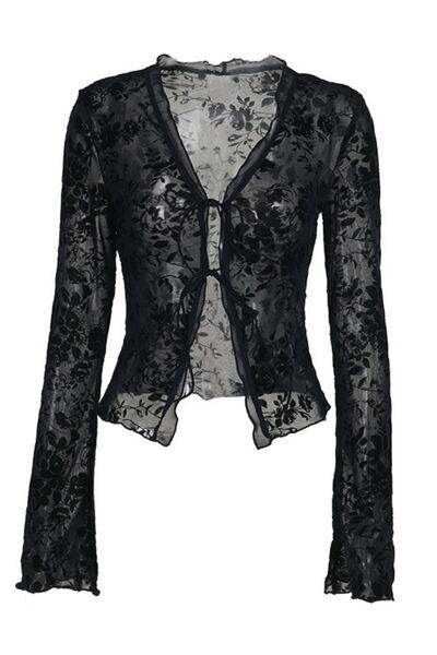 Double Tied Long Sleeve Blouse in Sheer Chiffon Style - Selvanelle