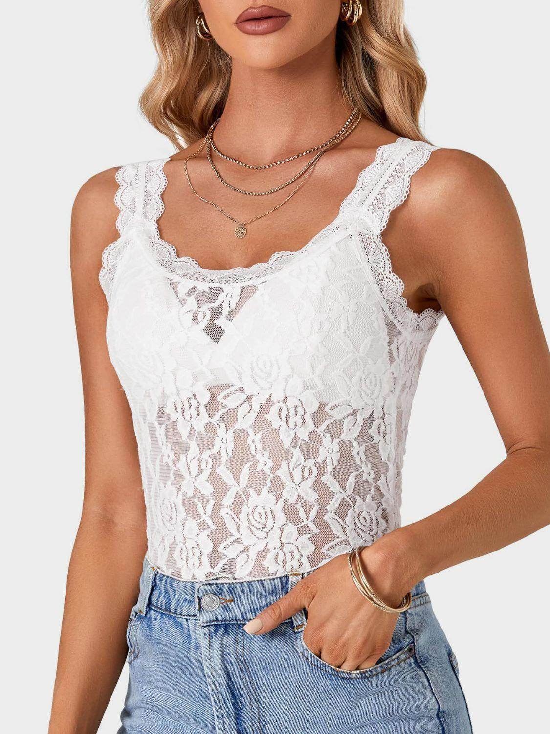 Lace Scoop Neck Tank for Women in Sheer Stretch Fabric - Selvanelle