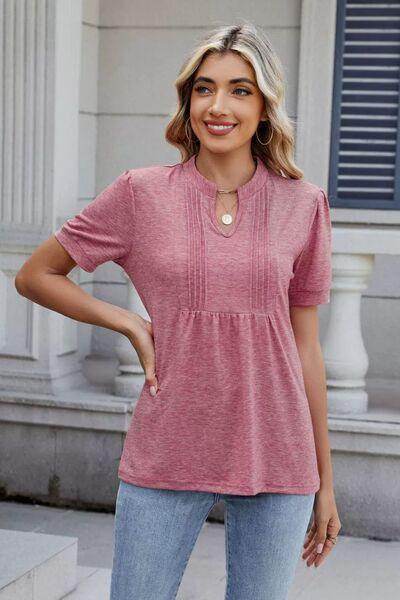 Notched Short Sleeve Solid Color Top for Everyday Style - Selvanelle