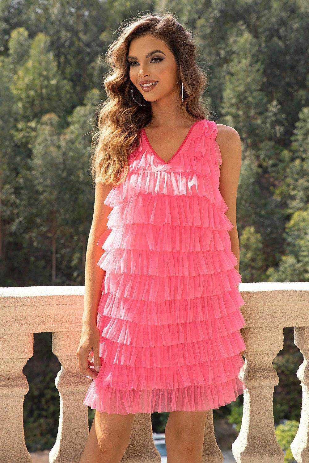 V-Neck Tiered Sleeveless Mesh Dress for Women Fashion - Selvanelle